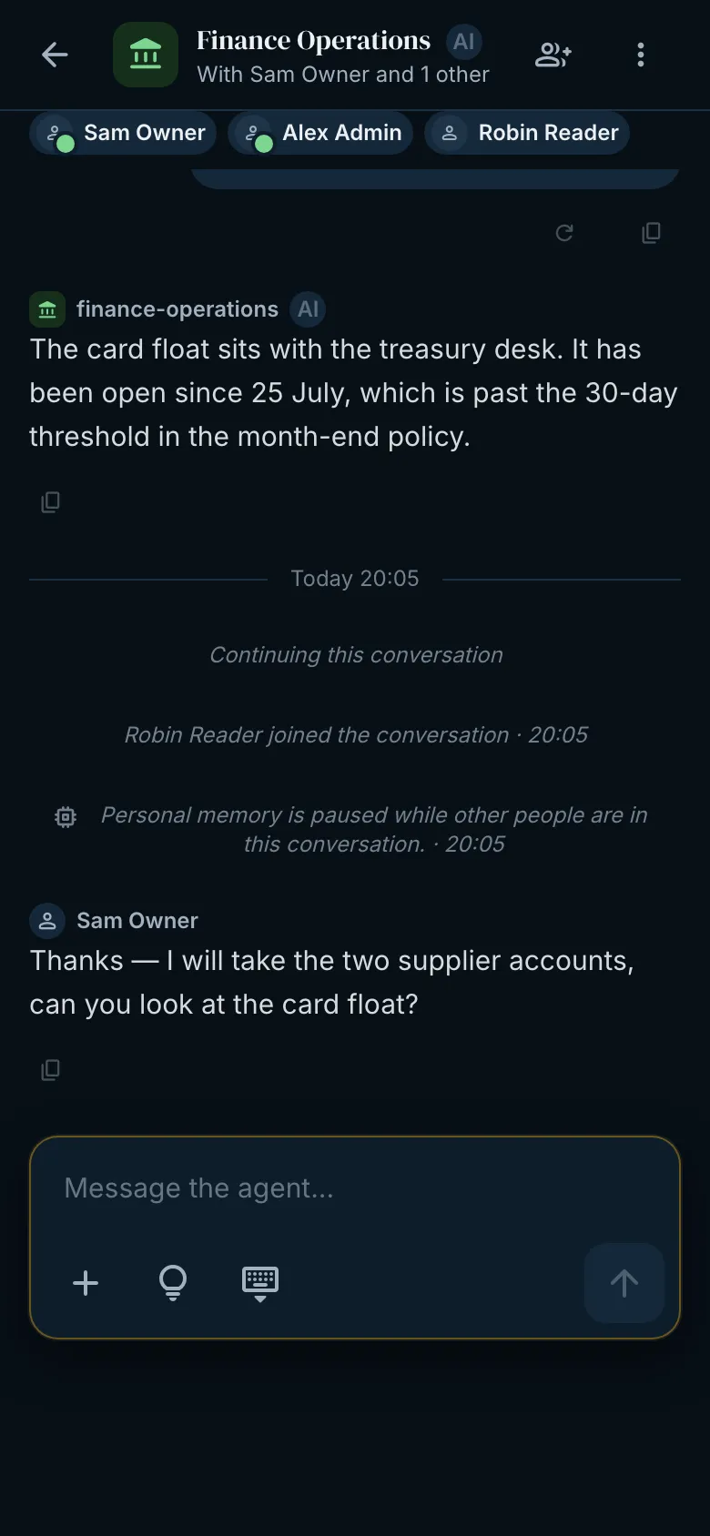 A shared conversation on a phone: two colleagues and a finance agent in one thread.